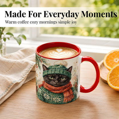 #pl[11oz|Red] Watercolor Black Cat Coffee Mug, Christmas Kitty Mug, Ceramic Cup