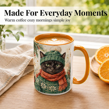 #pl[15oz|Orange] Watercolor Black Cat Coffee Mug, Christmas Kitty Mug, Ceramic Cup