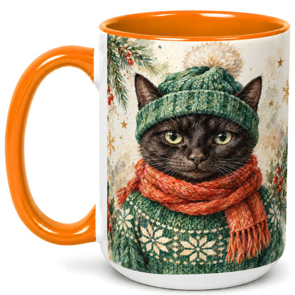 #pl[15oz|Orange] Watercolor Black Cat Coffee Mug, Christmas Kitty Mug, Ceramic Cup