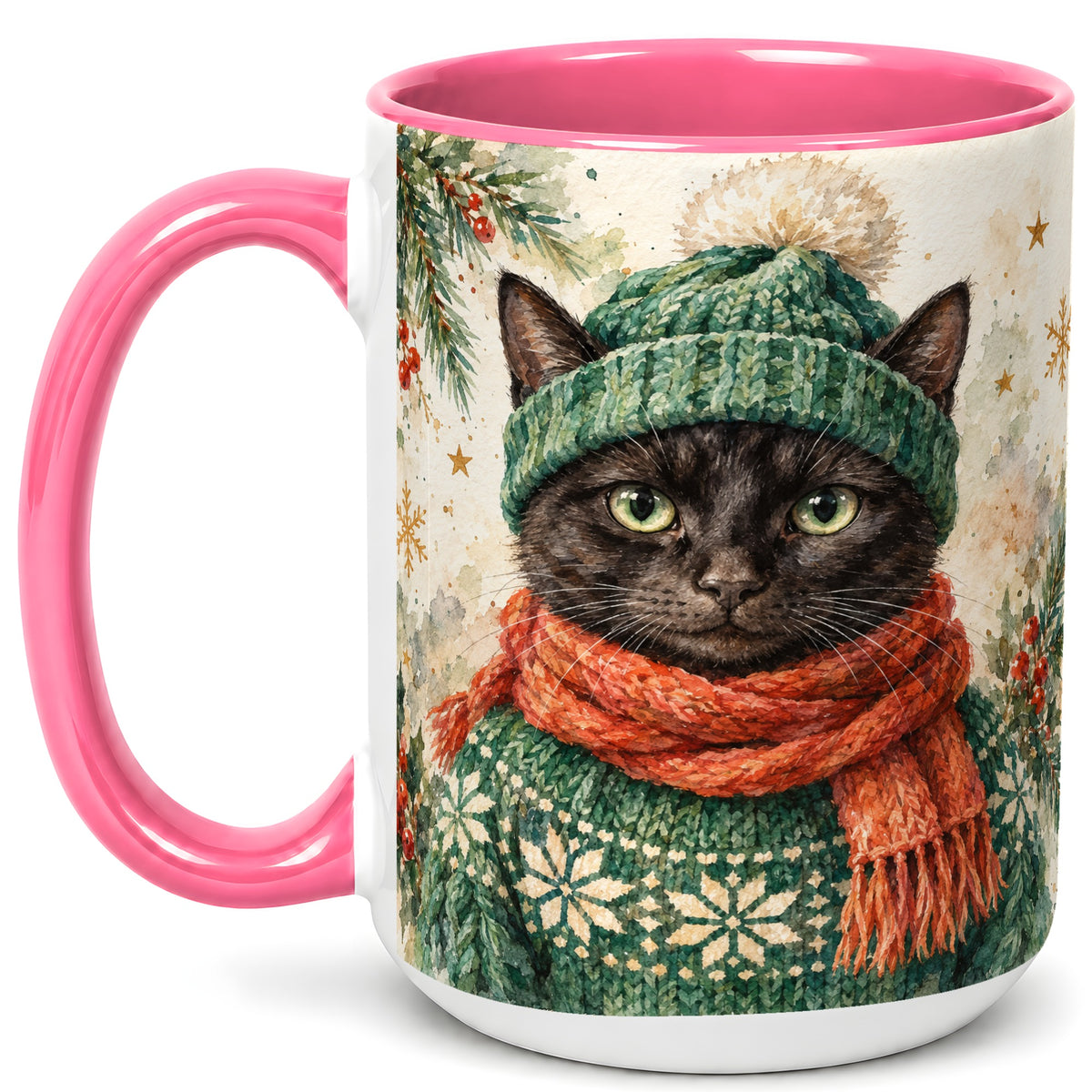 #pl[15oz|Pink] Watercolor Black Cat Coffee Mug, Christmas Kitty Mug, Ceramic Cup