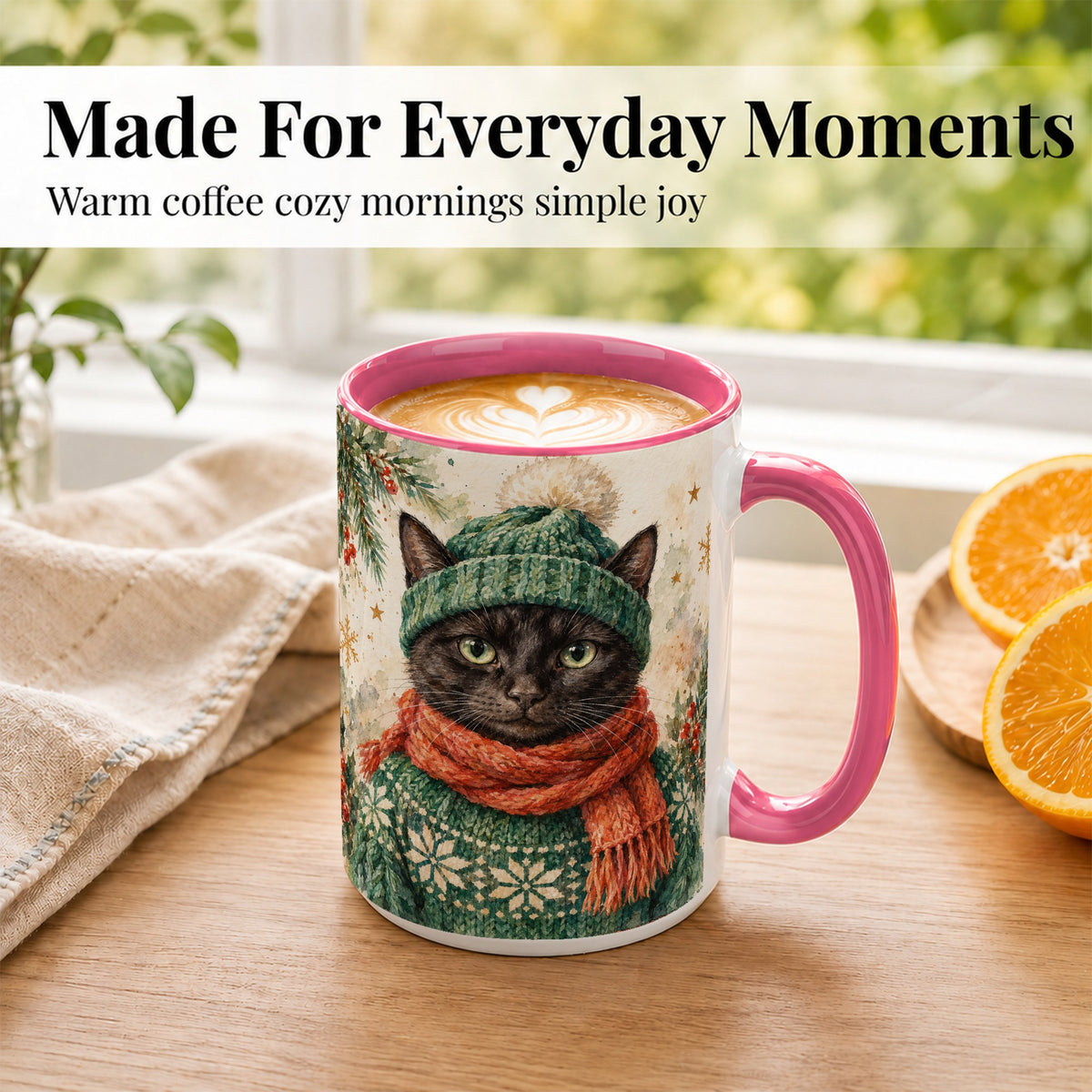 #pl[15oz|Pink] Watercolor Black Cat Coffee Mug, Christmas Kitty Mug, Ceramic Cup