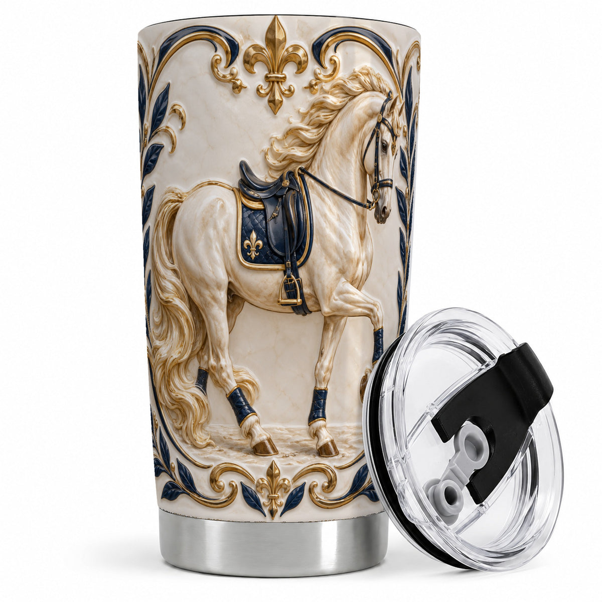 Ornate White Horse 20oz Stainless Steel Tumbler with Navy Gold Artwork
