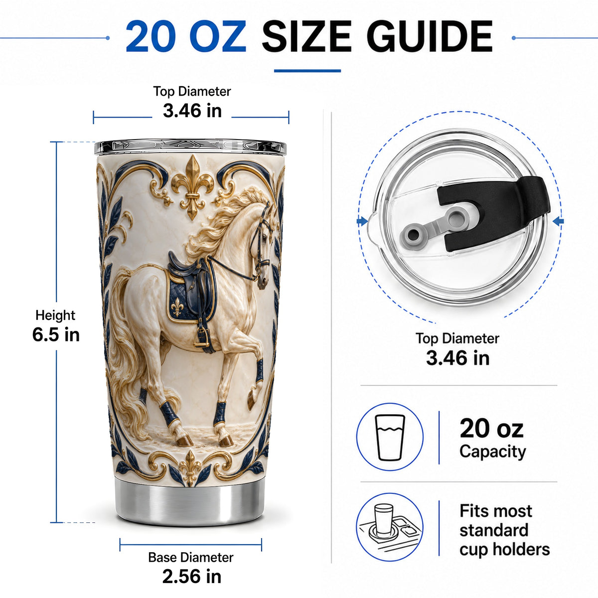 #pl[20oz|Steel] Ornate White Horse 20oz Stainless Steel Tumbler with Navy Gold Artwork