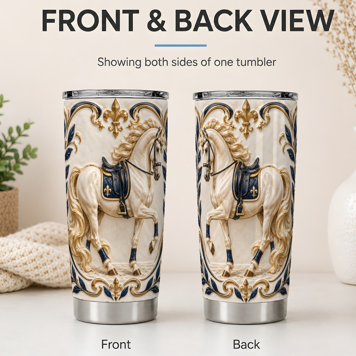 #pl[20oz|Steel] Ornate White Horse 20oz Stainless Steel Tumbler with Navy Gold Artwork