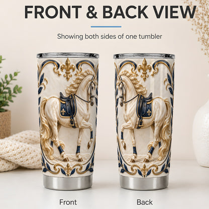 #pl[20oz|Steel] Ornate White Horse 20oz Stainless Steel Tumbler with Navy Gold Artwork