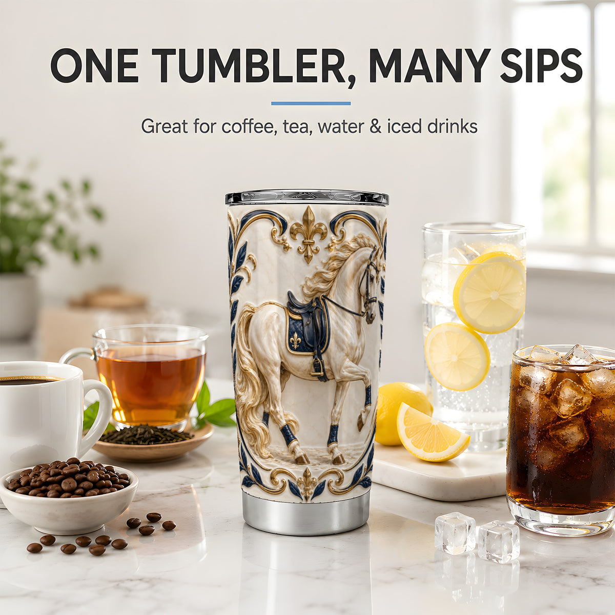Ornate White Horse 20oz Stainless Steel Tumbler with Navy Gold Artwork
