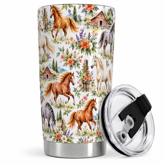 Watercolor Horse Farm 20oz Stainless Steel Tumbler with Floral Artwork