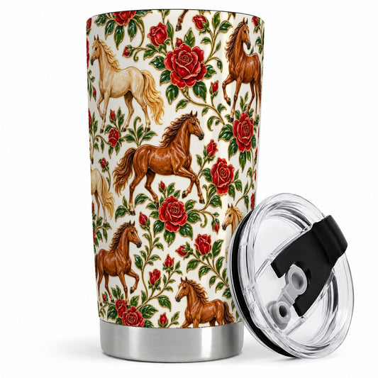 Rose Horse Pattern 20oz Stainless Steel Tumbler with Red Floral Artwork