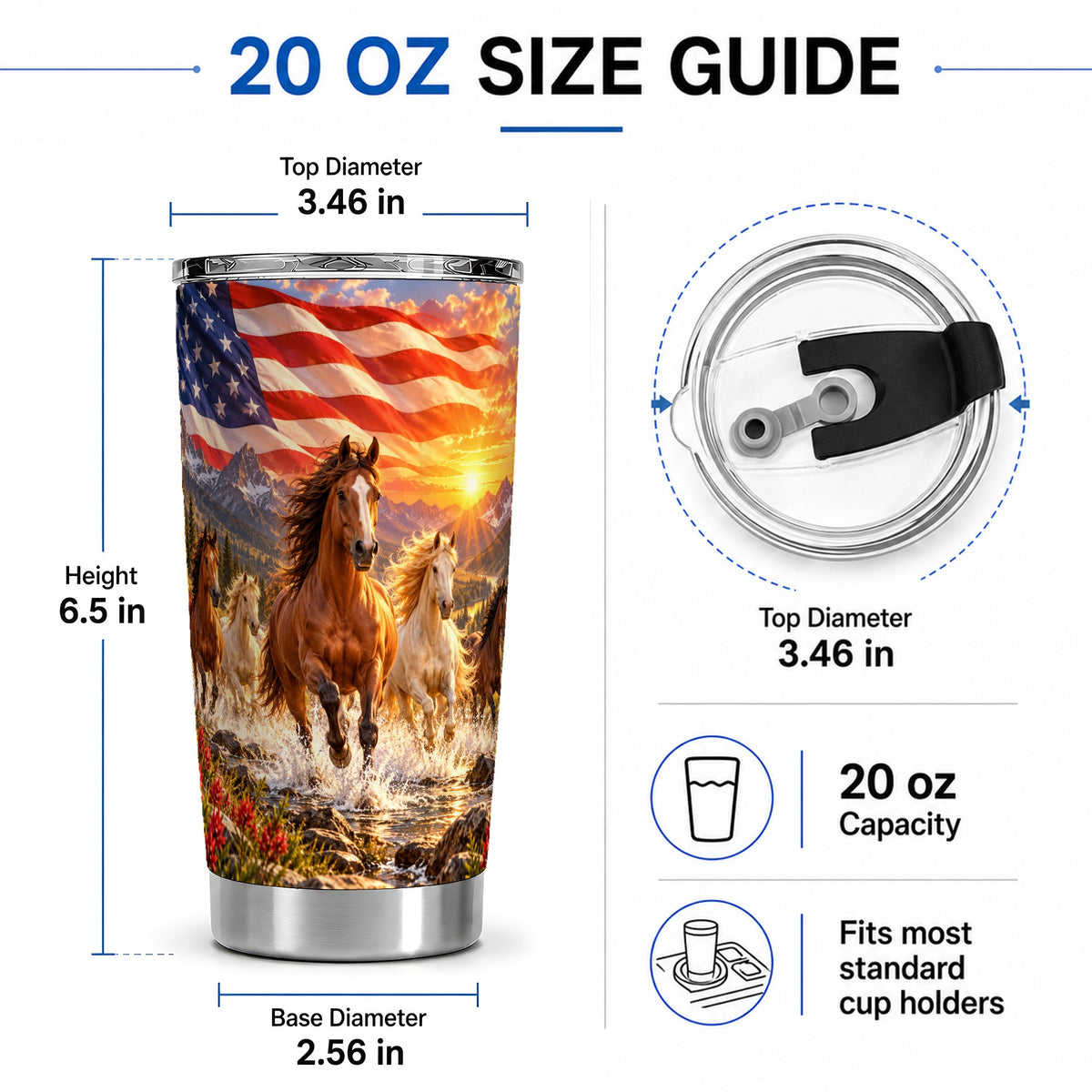 #pl[20oz|Steel] Patriotic Horse Herd 20oz Stainless Steel Tumbler with Mountain Art