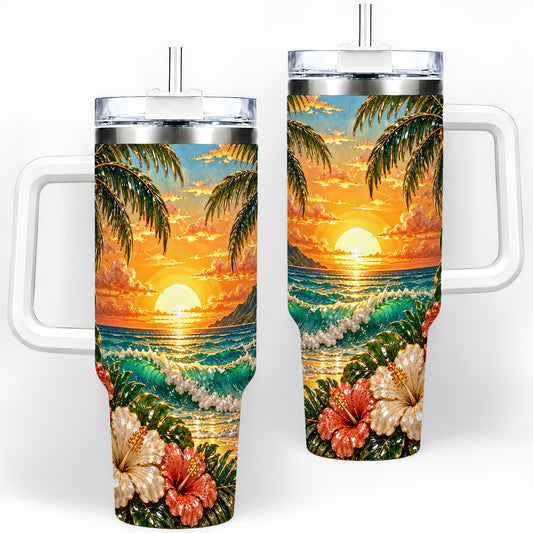 Tropical Sunset 40oz Tumbler with Hibiscus Beach and Palm Artwork