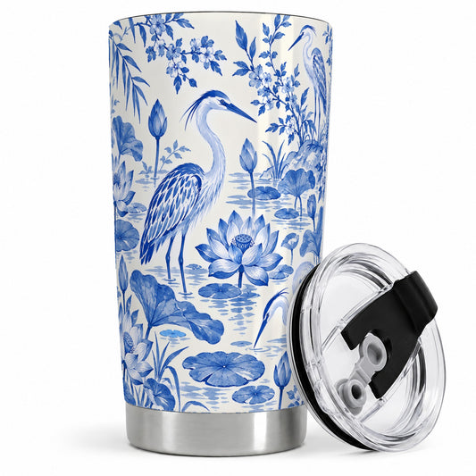 Blue Heron Lotus 20oz Stainless Steel Tumbler with Pond Botanical Art