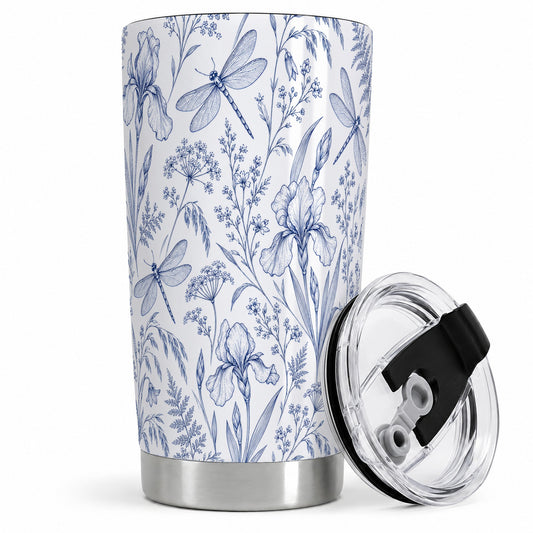 Blue Wildflower Dragonfly Tumbler, 20oz Drinkware for Nature Lovers