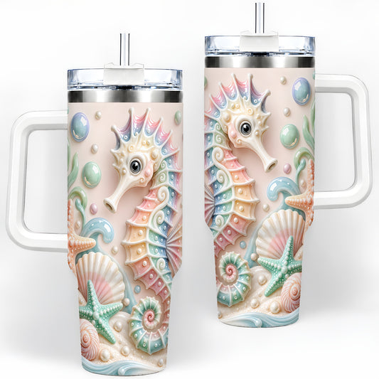 Pastel Seahorse 40oz Tumbler with Starfish and Coastal Ocean Artwork