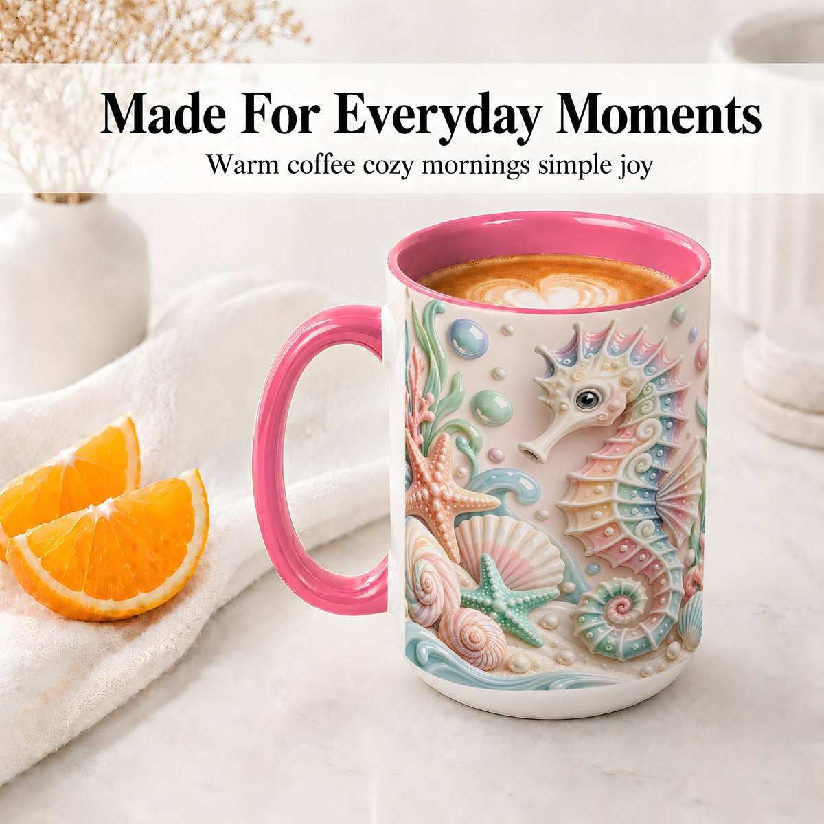 #pl[15oz|Pink] Pastel Seahorse Ceramic Mug with Starfish and Coastal Ocean Artwork