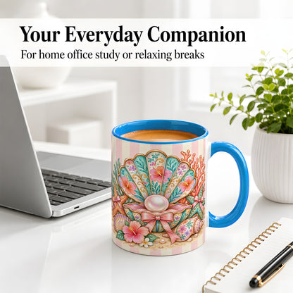 #pl[11oz|Blue] Pearl Seashell Ceramic Mug with Starfish and Floral Coastal Artwork