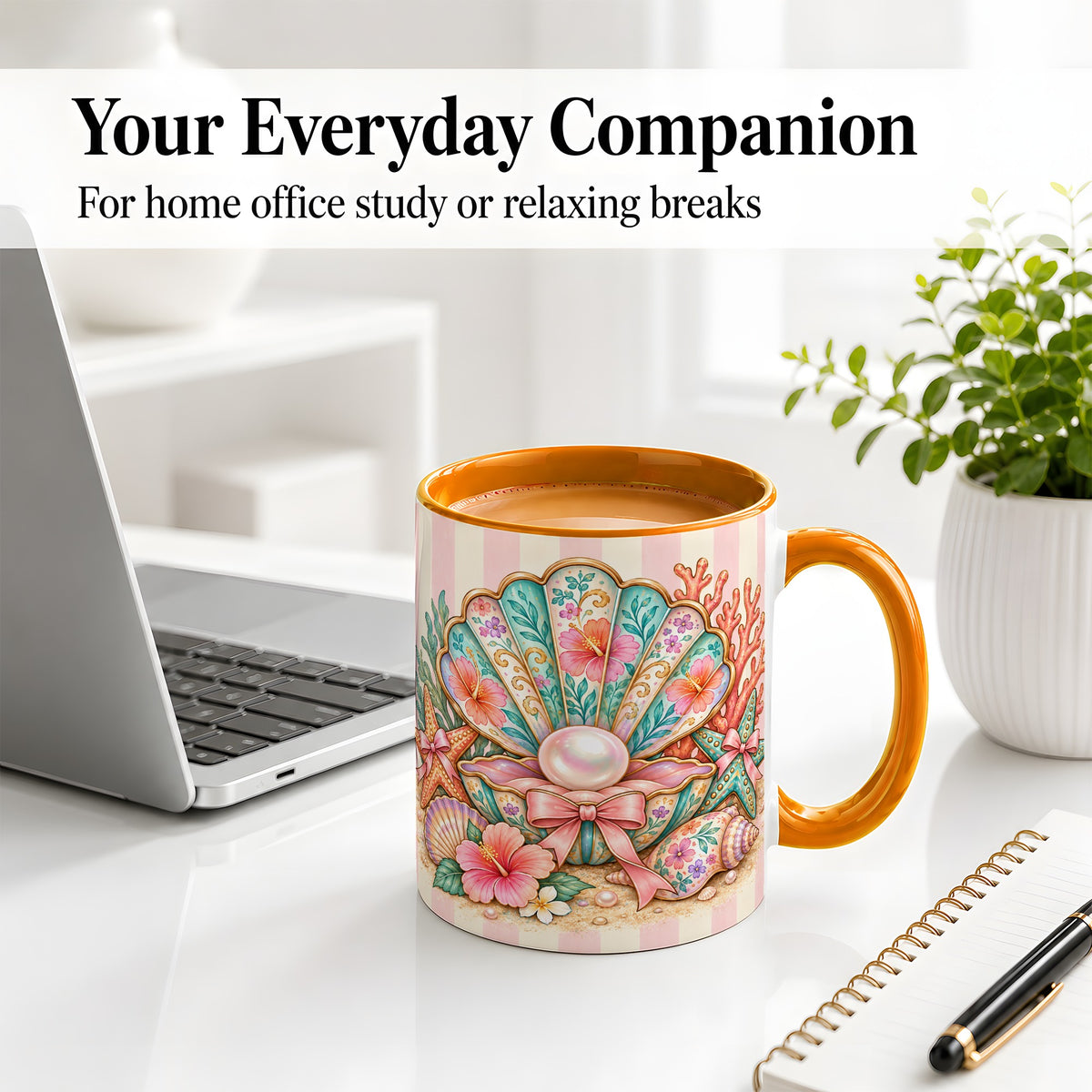 #pl[11oz|Orange] Pearl Seashell Ceramic Mug with Starfish and Floral Coastal Artwork