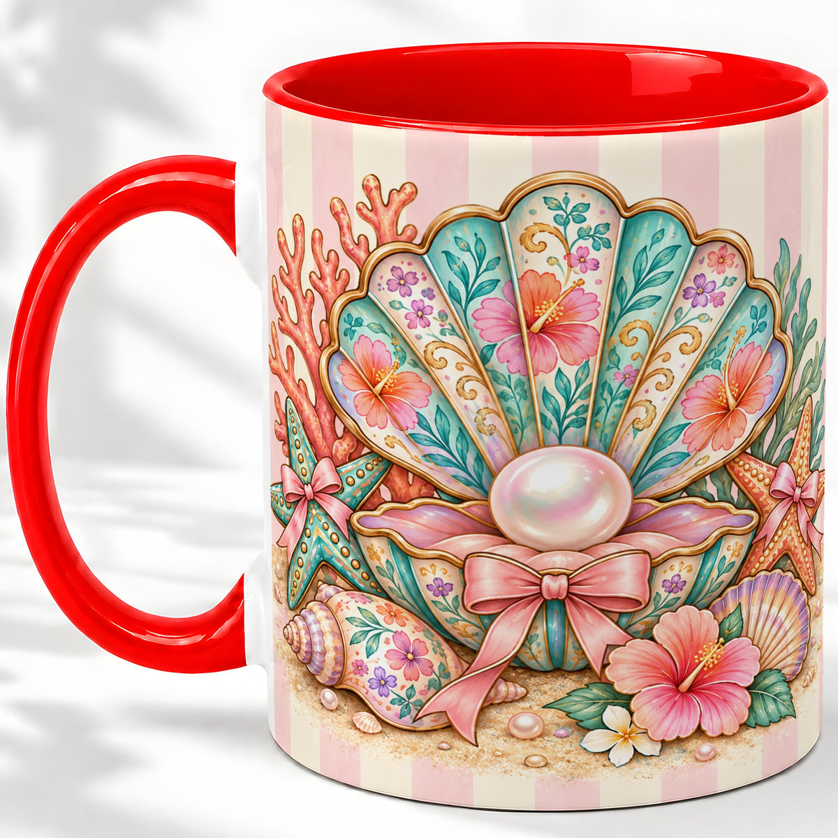 Pearl Seashell Ceramic Mug with Starfish and Floral Coastal Artwork