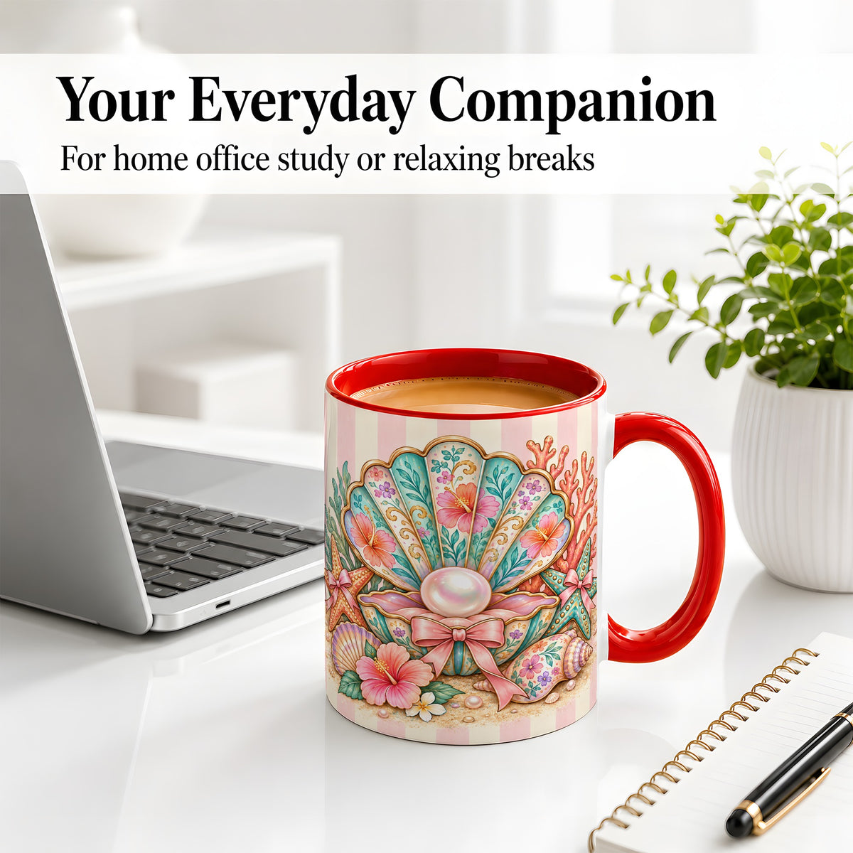 #pl[11oz|Red] Pearl Seashell Ceramic Mug with Starfish and Floral Coastal Artwork