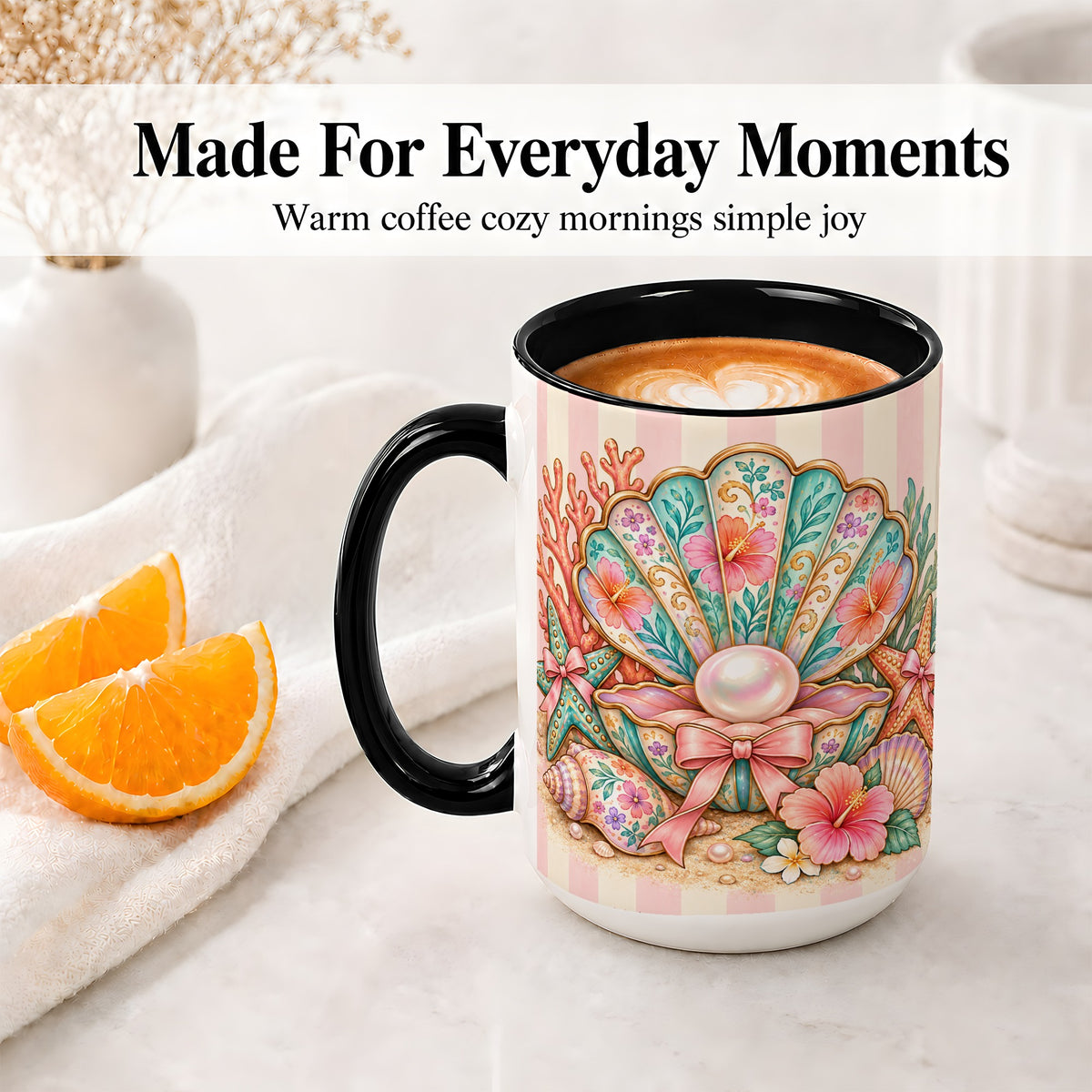 #pl[15oz|Black] Pearl Seashell Ceramic Mug with Starfish and Floral Coastal Artwork