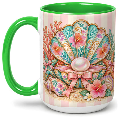 #pl[15oz|Green] Pearl Seashell Ceramic Mug with Starfish and Floral Coastal Artwork
