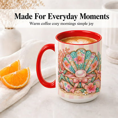 #pl[15oz|Red] Pearl Seashell Ceramic Mug with Starfish and Floral Coastal Artwork
