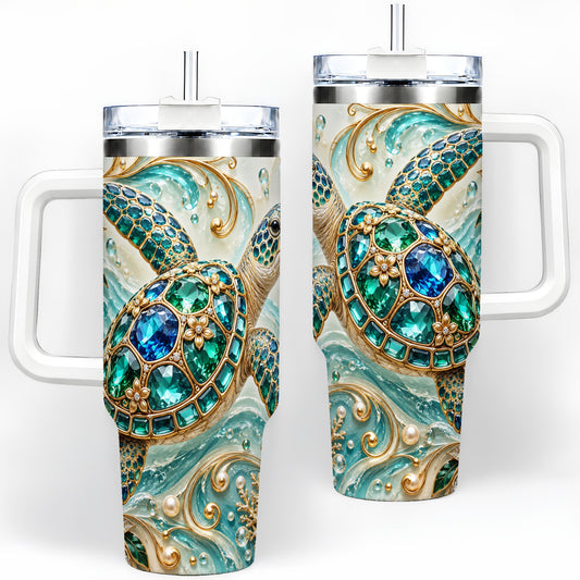 Ornate Sea Turtle 40oz Tumbler with Waves and Floral Ocean Artwork