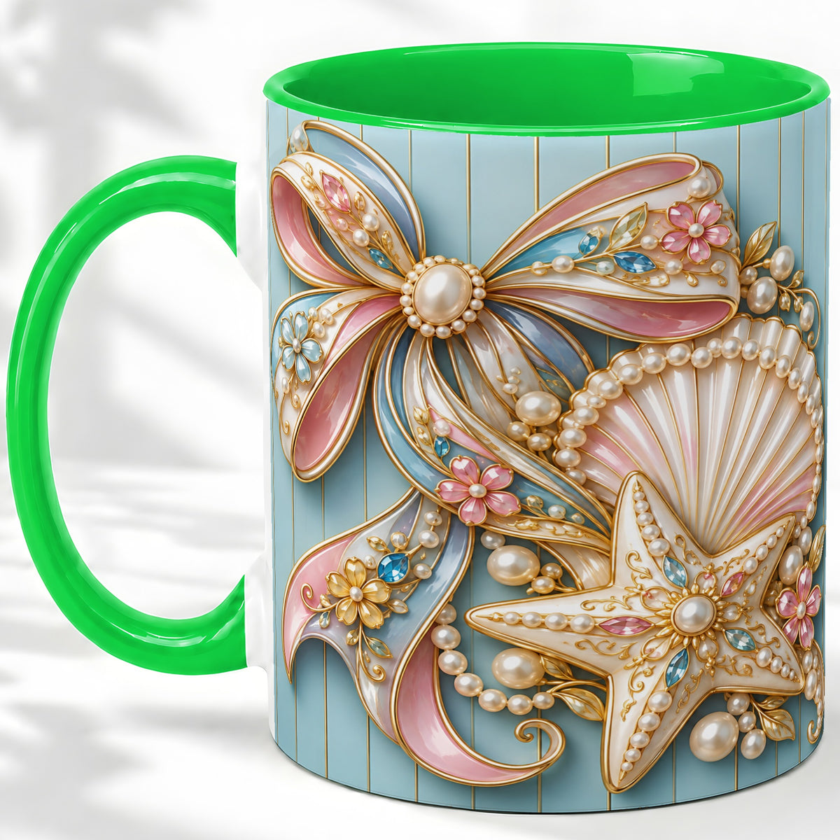 #pl[11oz|Green] Pearl Bow Ceramic Mug with Seashell, Starfish and Floral Artwork