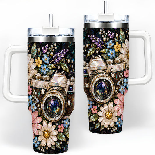 Floral Camera 40oz Tumbler with Daisies and Vintage Mosaic Artwork