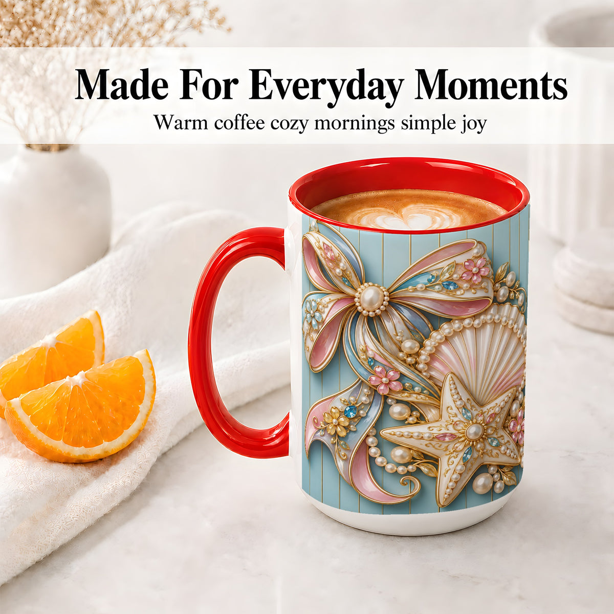 #pl[15oz|Red] Pearl Bow Ceramic Mug with Seashell, Starfish and Floral Artwork