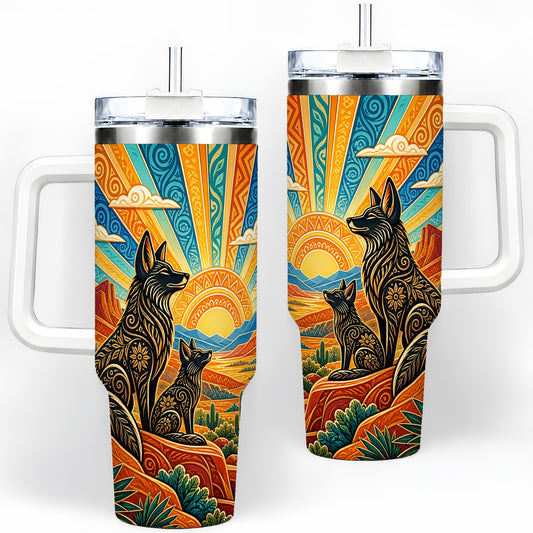 Southwest Coyote 40oz Tumbler with Cactus and Desert Sunset Artwork