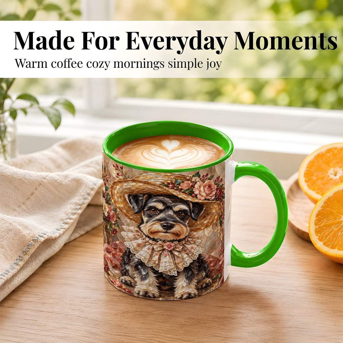 #pl[11oz|Green] Floral Schnauzer Coffee Mug, Stained Glass Dog Mug, Ceramic Cup