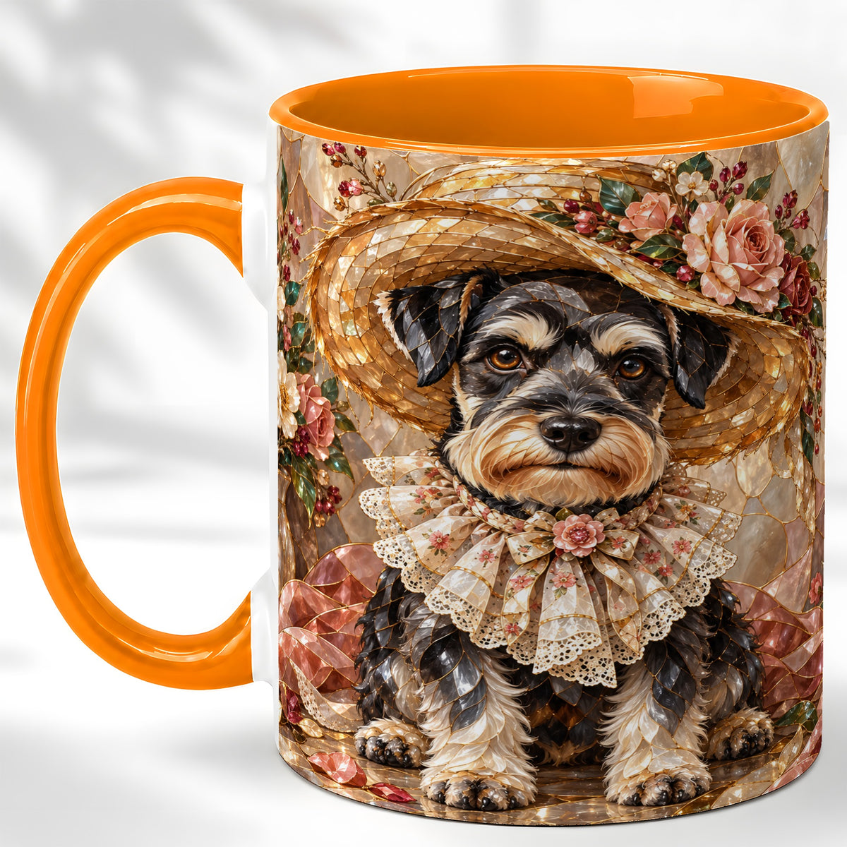 #pl[11oz|Orange] Floral Schnauzer Coffee Mug, Stained Glass Dog Mug, Ceramic Cup