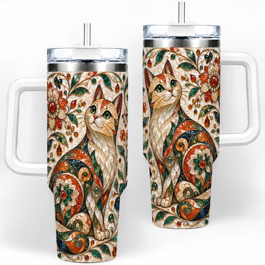 Floral Cat 40oz Tumbler with Jewel Mosaic and Botanical Vine Artwork