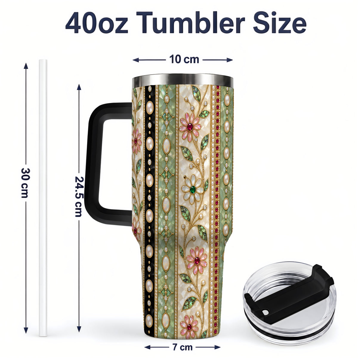 #pl[40oz|Black] Floral Pearl Stripe 40oz Tumbler with Gem and Botanical Pattern Artwork