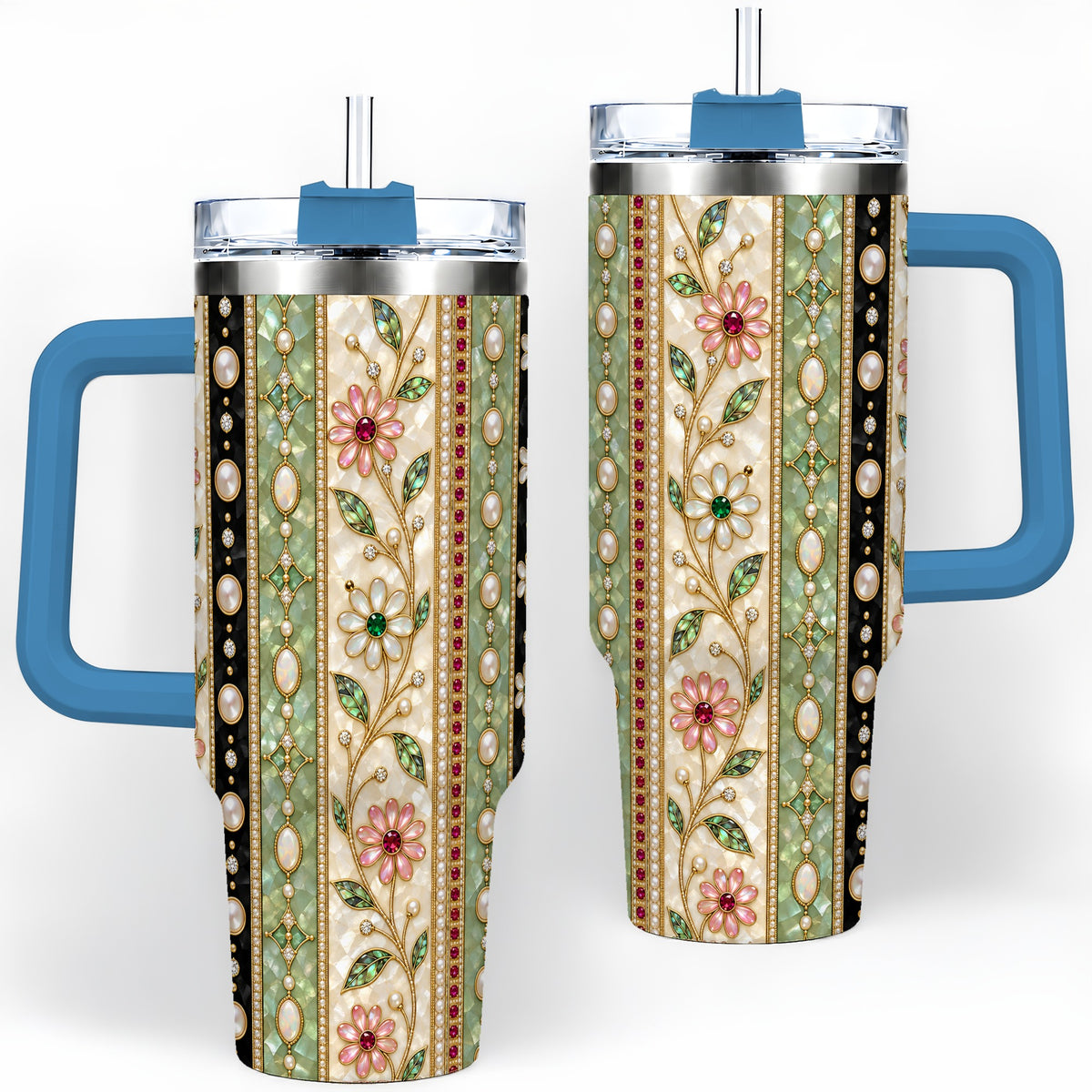 #pl[40oz|Blue] Floral Pearl Stripe 40oz Tumbler with Gem and Botanical Pattern Artwork