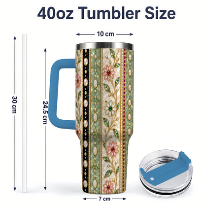 #pl[40oz|Blue] Floral Pearl Stripe 40oz Tumbler with Gem and Botanical Pattern Artwork