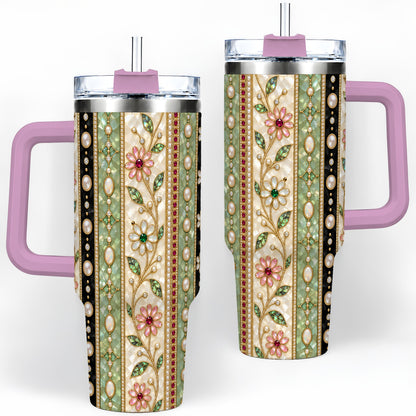 #pl[40oz|Pink] Floral Pearl Stripe 40oz Tumbler with Gem and Botanical Pattern Artwork