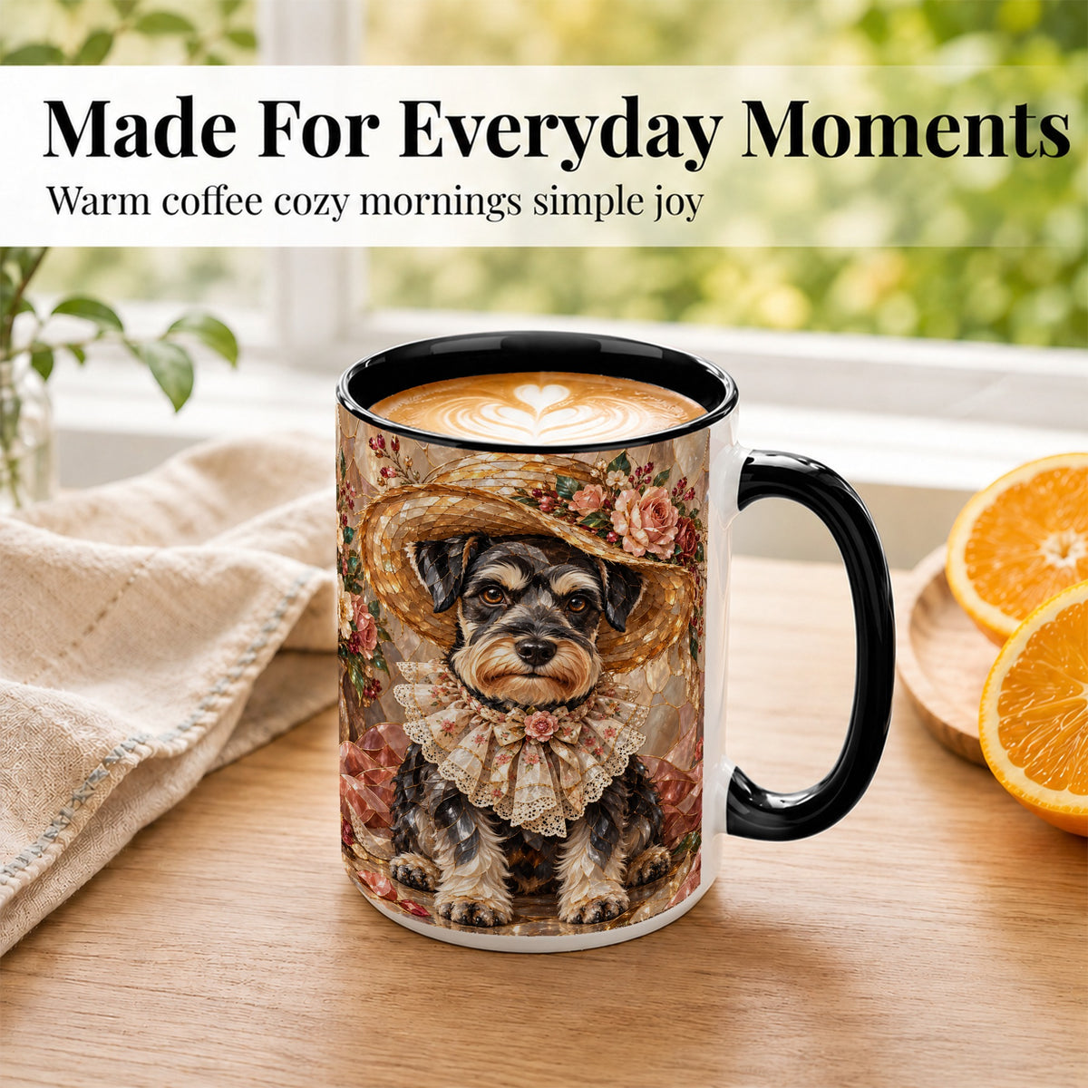 #pl[15oz|Black] Floral Schnauzer Coffee Mug, Stained Glass Dog Mug, Ceramic Cup