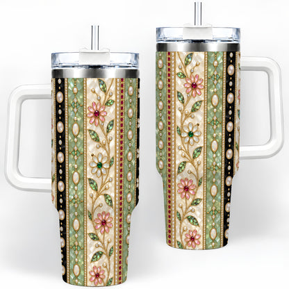 Floral Pearl Stripe 40oz Tumbler with Gem and Botanical Pattern Artwork