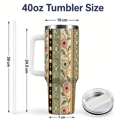#pl[40oz|White] Floral Pearl Stripe 40oz Tumbler with Gem and Botanical Pattern Artwork
