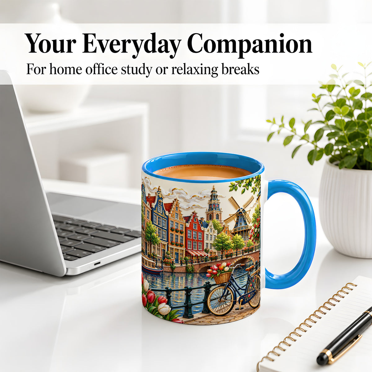 #pl[11oz|Blue] Dutch Canal Ceramic Mug with Bicycle, Windmill and Tulip Artwork