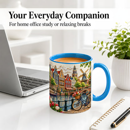 #pl[11oz|Blue] Dutch Canal Ceramic Mug with Bicycle, Windmill and Tulip Artwork