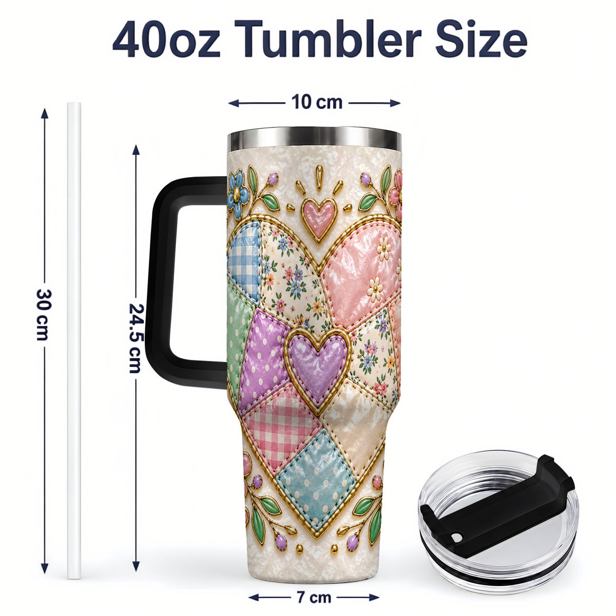#pl[40oz|Black] Patchwork Heart 40oz Tumbler with Gingham, Flowers and Quilt Artwork