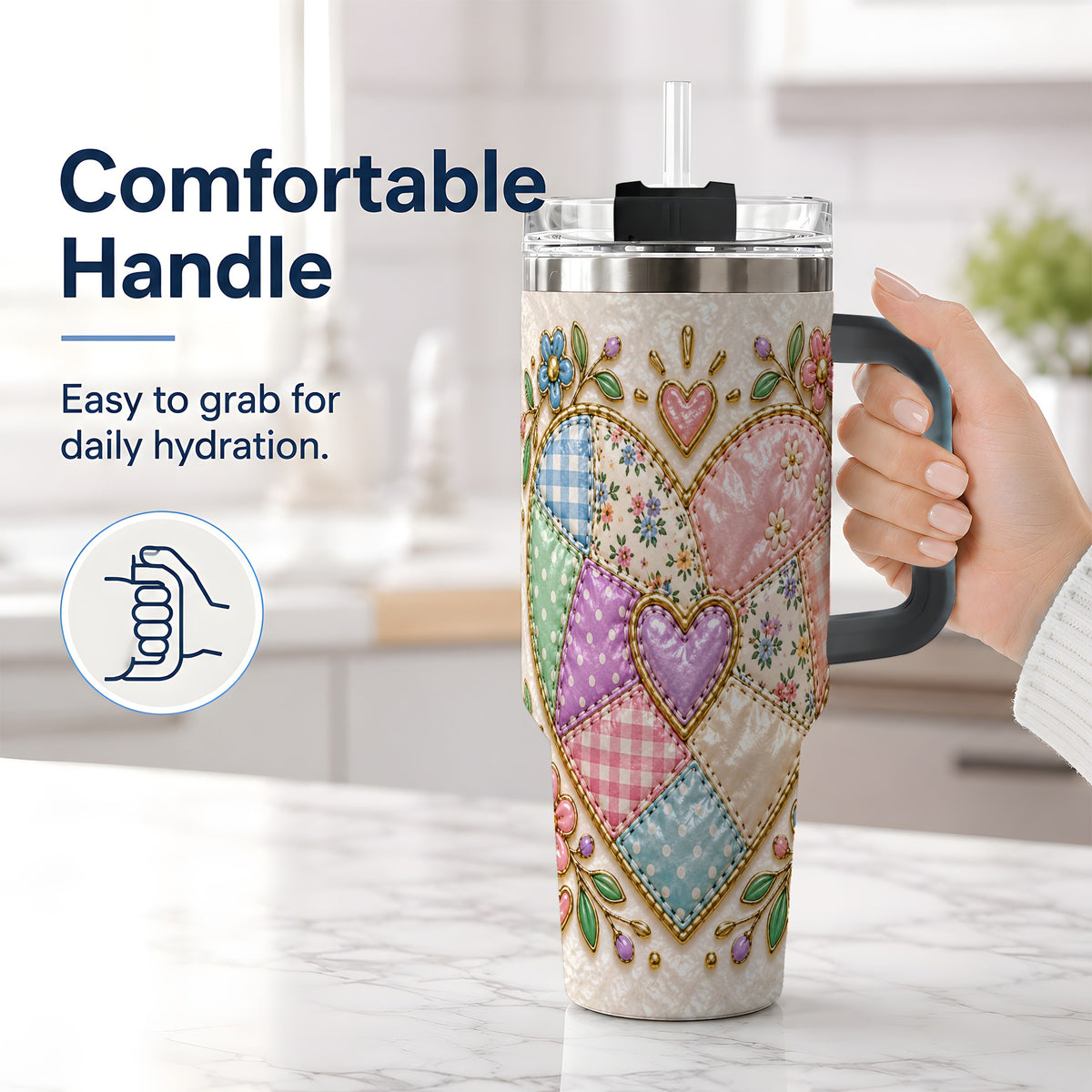 #pl[40oz|Black] Patchwork Heart 40oz Tumbler with Gingham, Flowers and Quilt Artwork