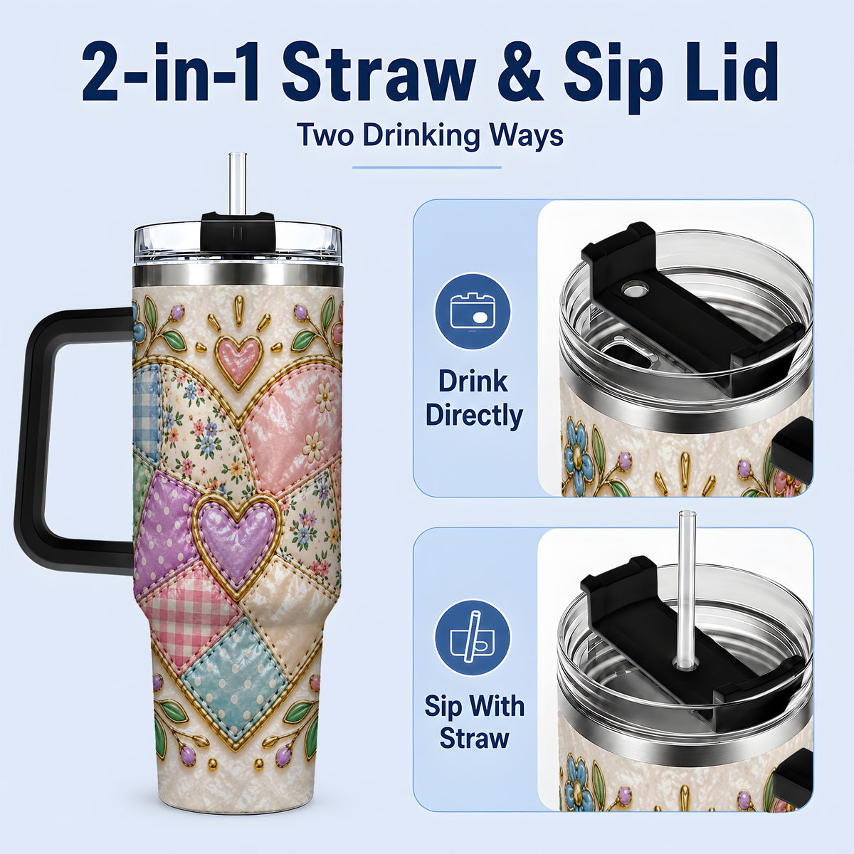 #pl[40oz|Black] Patchwork Heart 40oz Tumbler with Gingham, Flowers and Quilt Artwork