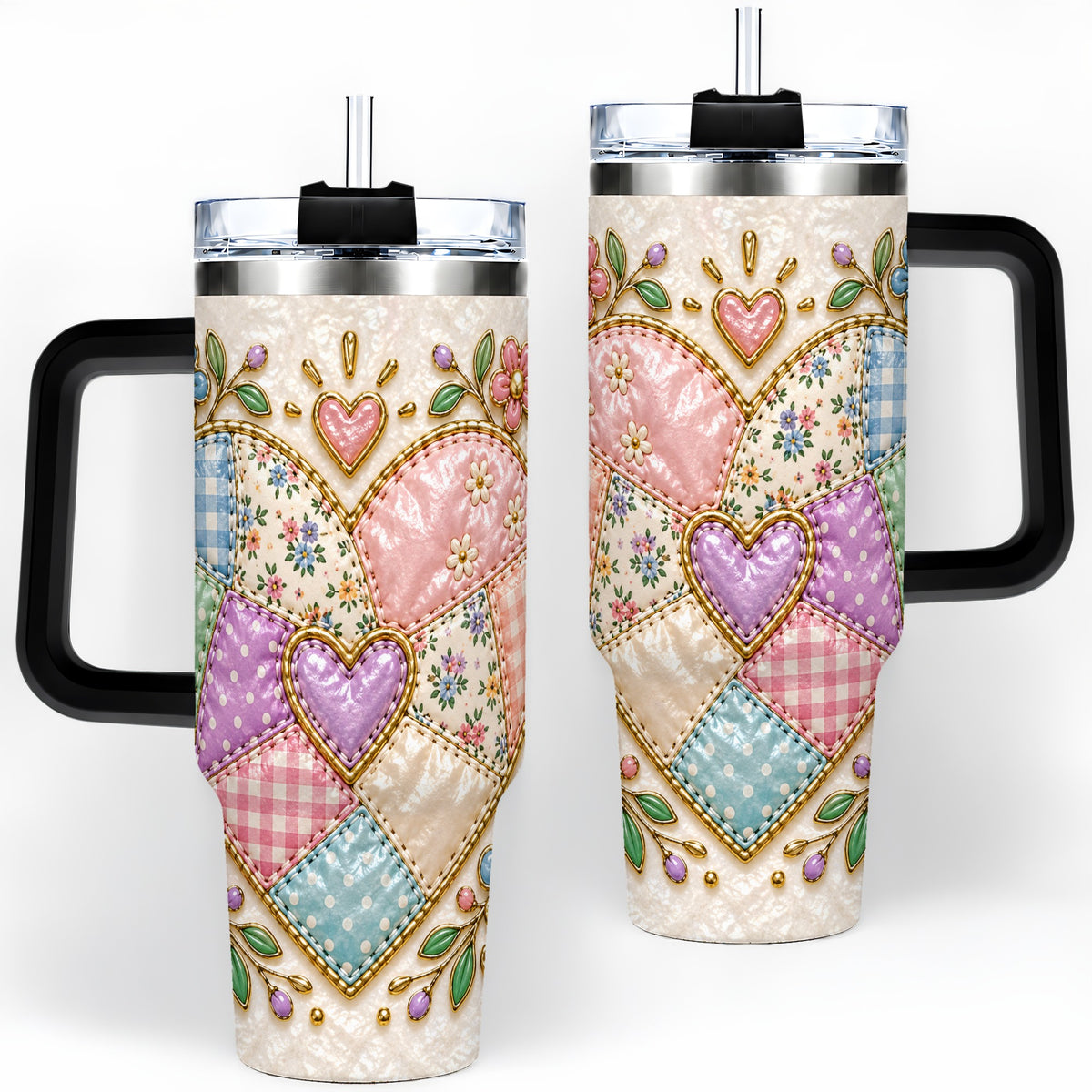 #pl[40oz|Black] Patchwork Heart 40oz Tumbler with Gingham, Flowers and Quilt Artwork