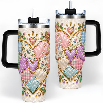 #pl[40oz|Black] Patchwork Heart 40oz Tumbler with Gingham, Flowers and Quilt Artwork