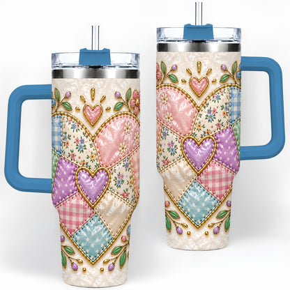 #pl[40oz|Blue] Patchwork Heart 40oz Tumbler with Gingham, Flowers and Quilt Artwork