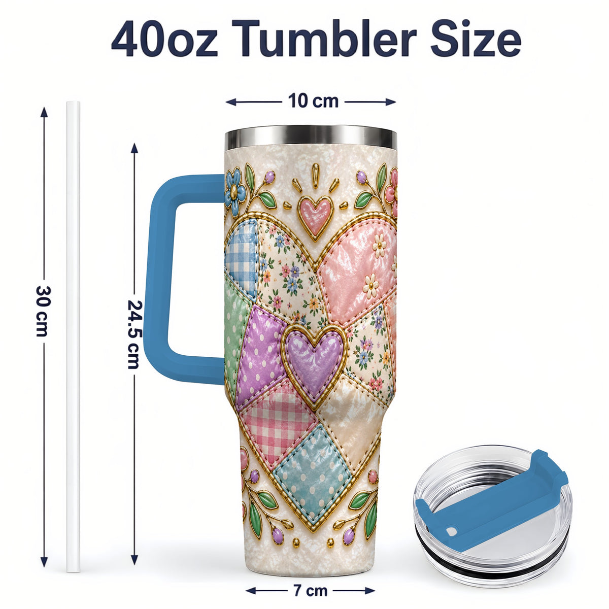 #pl[40oz|Blue] Patchwork Heart 40oz Tumbler with Gingham, Flowers and Quilt Artwork