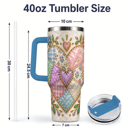 #pl[40oz|Blue] Patchwork Heart 40oz Tumbler with Gingham, Flowers and Quilt Artwork